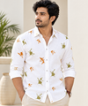 Turkey Linen White Shirt with Gold Mehndi Botanical Print for Men