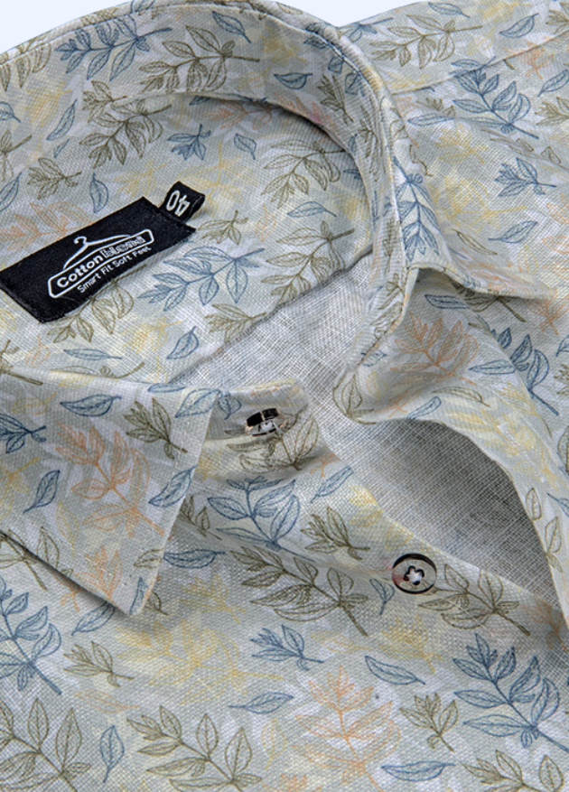 Linen Digital Print Cream With Mehndi Rama Flower Nexus Print Men's Sh ...
